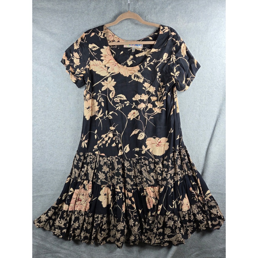 Kokonuts Floral Tiered Dress Women Small Black Tan Rayon Boho Ruffle Vintage